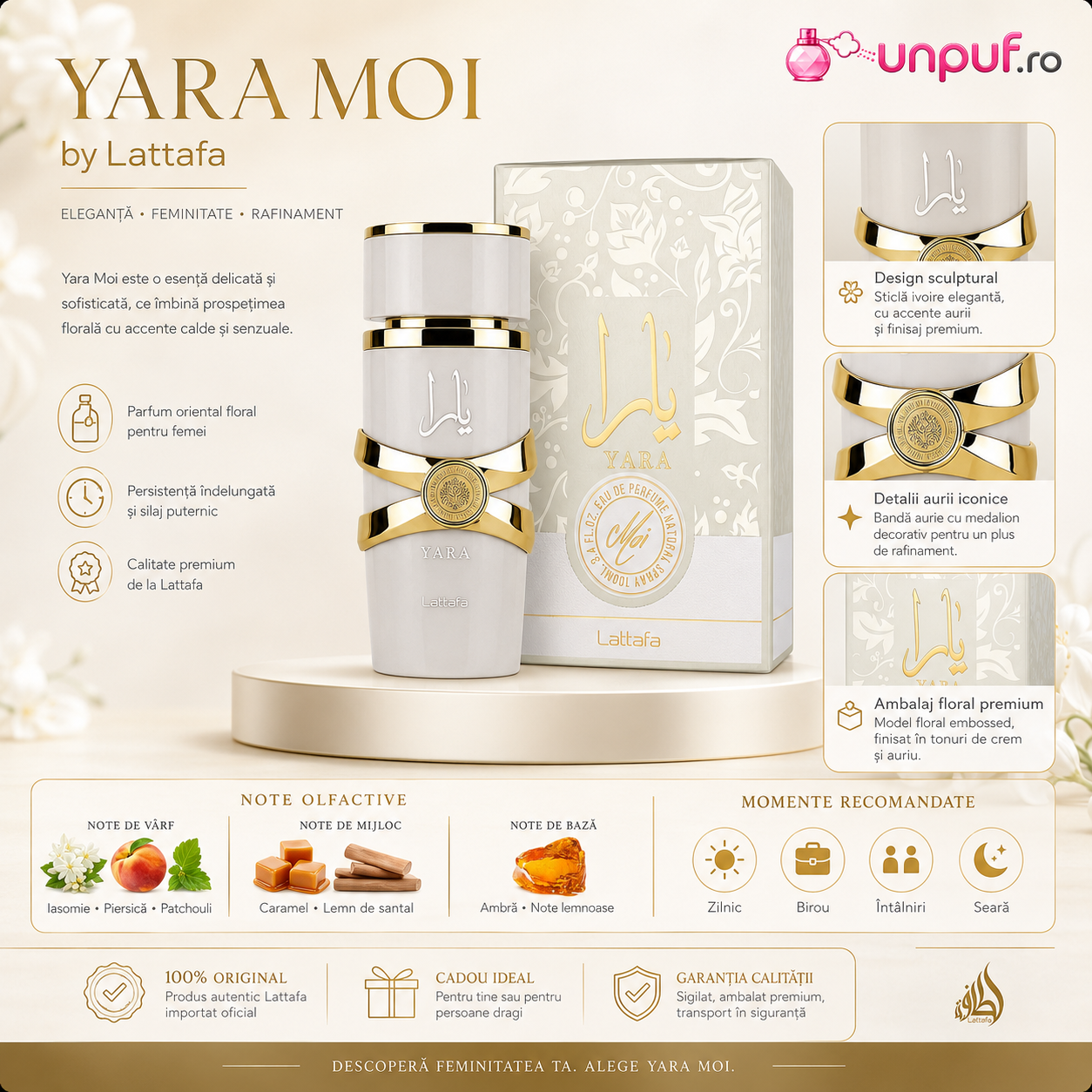Lattafa Yara Moi Eau de Parfum 100 ml, parfum damă cu flacon alb, detalii aurii, note olfactive și beneficii